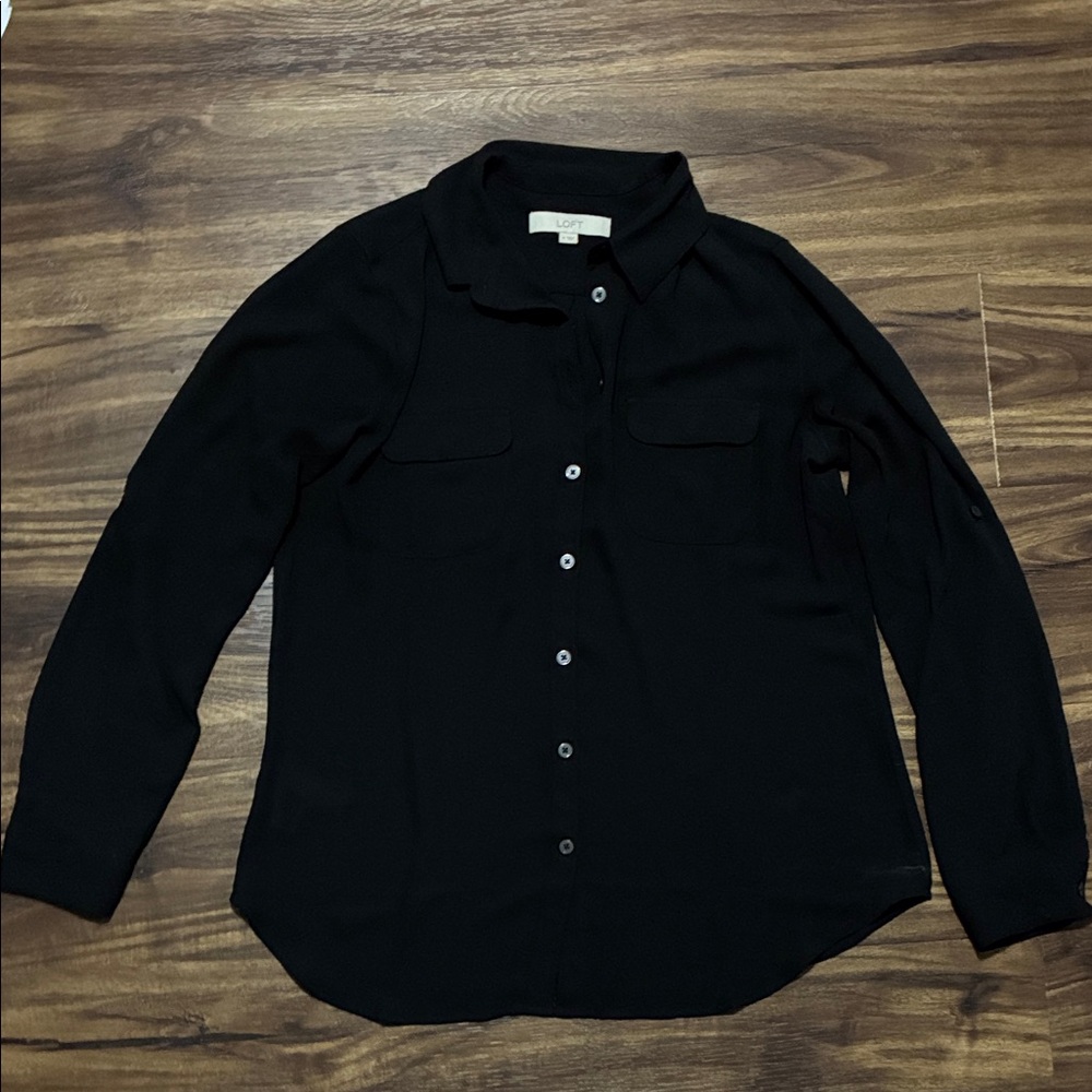LOFT Black Long-Sleeve Button Front Blouse